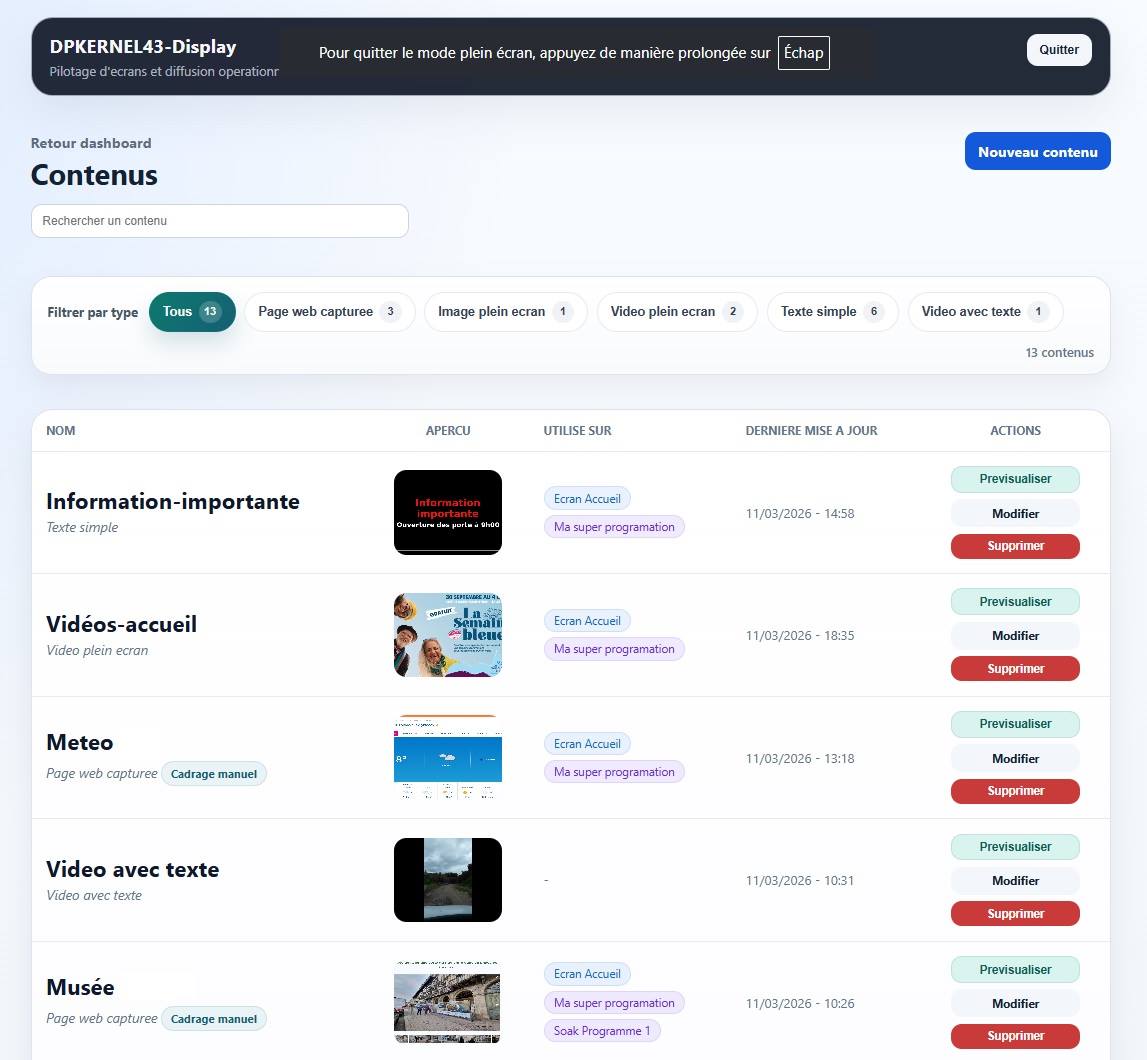Interface de gestion des contenus dans DPKERNEL-Display