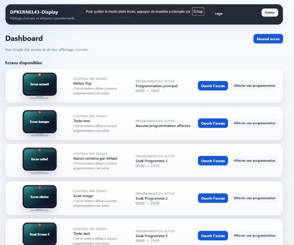 Tableau de bord DPKERNEL-Display pour piloter les écrans et suivre leur état